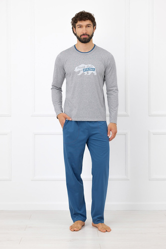 Pijama pentru bărbați Gordo - bumbac clasic, top polo și pantaloni cu buzunare Italian Fashion - melange