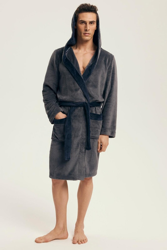 Halat de baie bărbătesc Henderson 43377 Natch, gri - glugă, tricotaj călduros, confort și eleganță