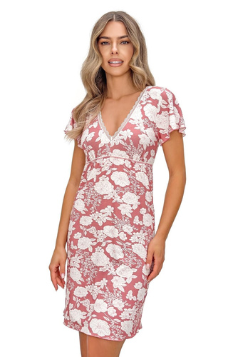 Pijama dama Tina Donna – pijama elegantă din vâscoză cu imprimeu floral, decolteu V cu volănaș, mâneci scurte și elastic sub bust