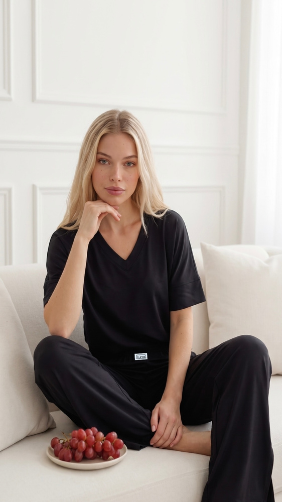 Luna 1313 pijama damă neagră 100% bumbac, tricou și pantaloni scurți