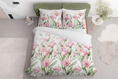 5328 A Lenjerie de pat din satin Flori roz pe fond alb Detexpol