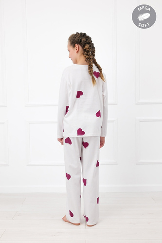 Italian Fashion Kioga pijama fete Mega Soft lungă ecru cu inimioare