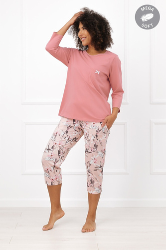 Italian Fashion Kafelia Pijamale damă Mega Soft 3/4 cu flori și buzunar