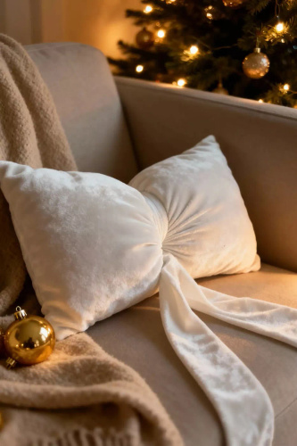 Pernă cu fundă de Crăciun 40x23 de la Spod Igły i Nitki – pernă de catifea albă, certificată Oeko-Tex