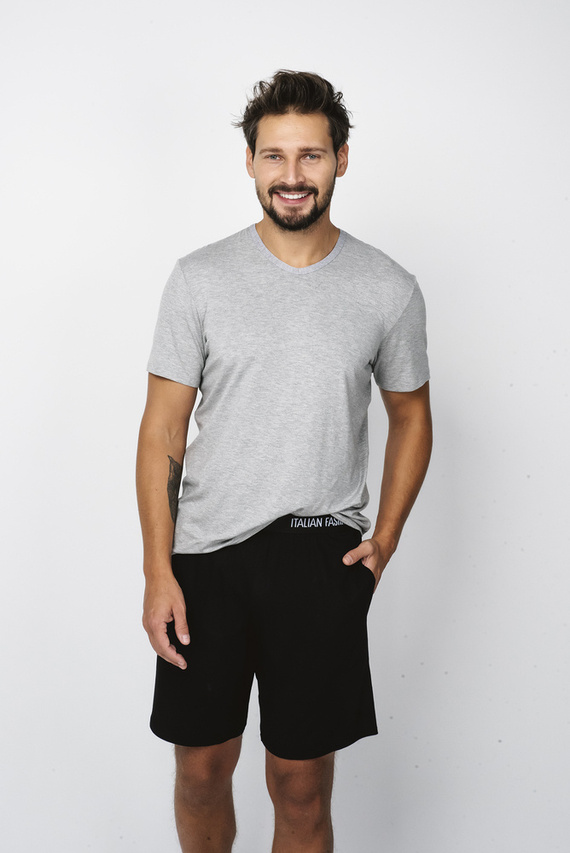 Dallas Pijama cu mânecă scurtă pentru bărbați, pantaloni scurți Italian Fashion- melange/negru
