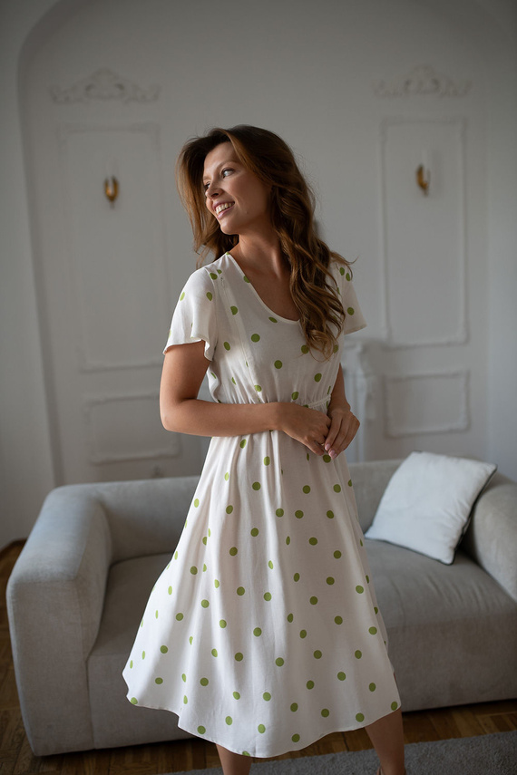 Lovely Dress Midi Milk&Love Rochie de sarcină și alăptare din in cu buline pistachio