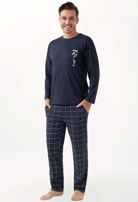 Pijamale bărbați 810 Luna, bleumarin - bumbac, mâneci lungi, pantaloni cu buzunare