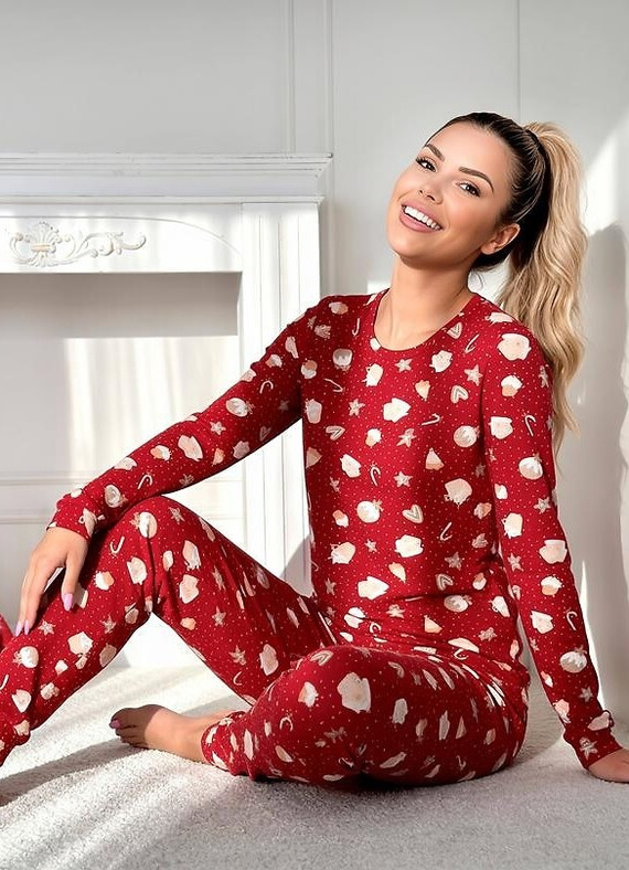 Pijamale damă Donna Bear Long roșie – pijama călduroasă din bumbac, cu mânecă lungă