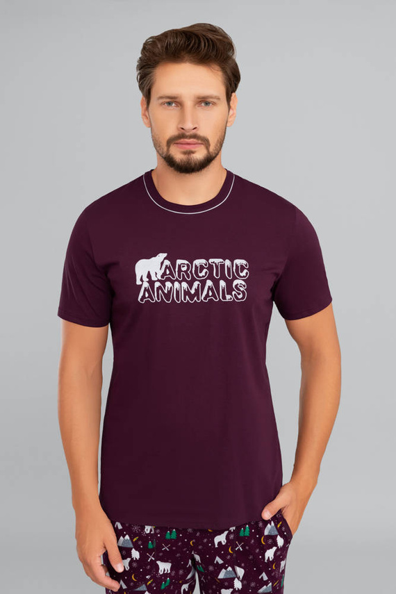 Manfred Pijama cu mânecă scurtă pentru bărbați, pantaloni lungi Italian Fashion- burgundy/print burgundy