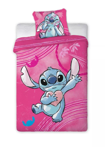 Set de lenjerie de pat drăguț din bumbac, Lilo și Stitch, roz | Disney | Set de lenjerie de pat pentru copii Jerry Fabrics
