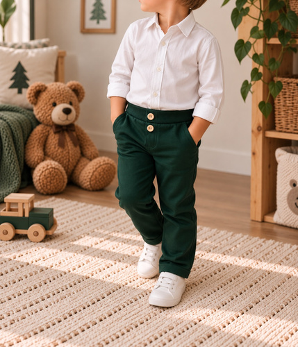 Mamatti SM019 pantaloni copii din bumbac cu buzunare și nasturi din lemn
