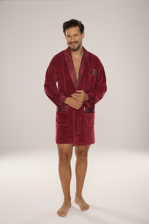 866 Noble Halat de baie de catifea De Lafense pentru bărbați - scurt, elegant, bumbac - burgundy