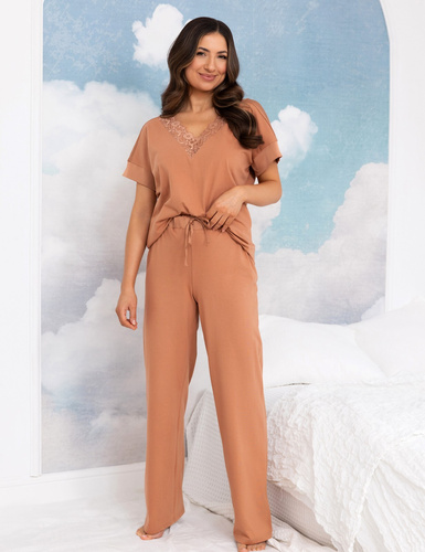 Pijamale damă Regina 4008 100% bumbac dantelă satin pantaloni lungi - toffie