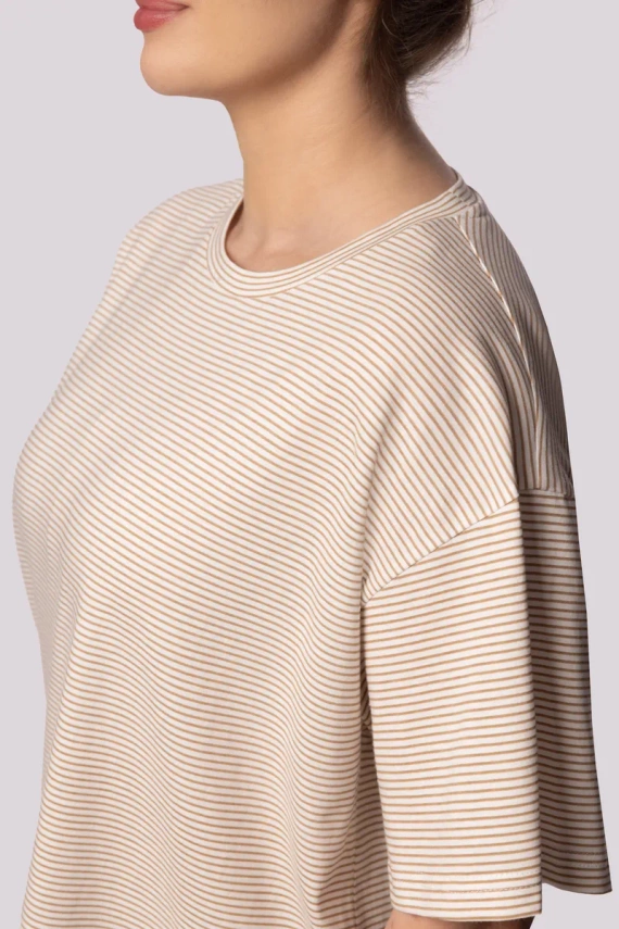 Pijamale de damă Mona ecru cu mânecă scurtă în dungi