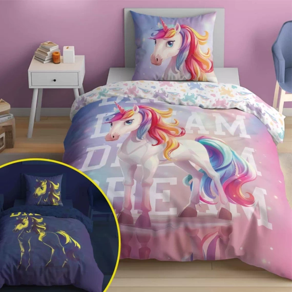 5208 A Fluo 40 Lenjerie de pat din bumbac care strălucește în întuneric Unicorn Detexpol