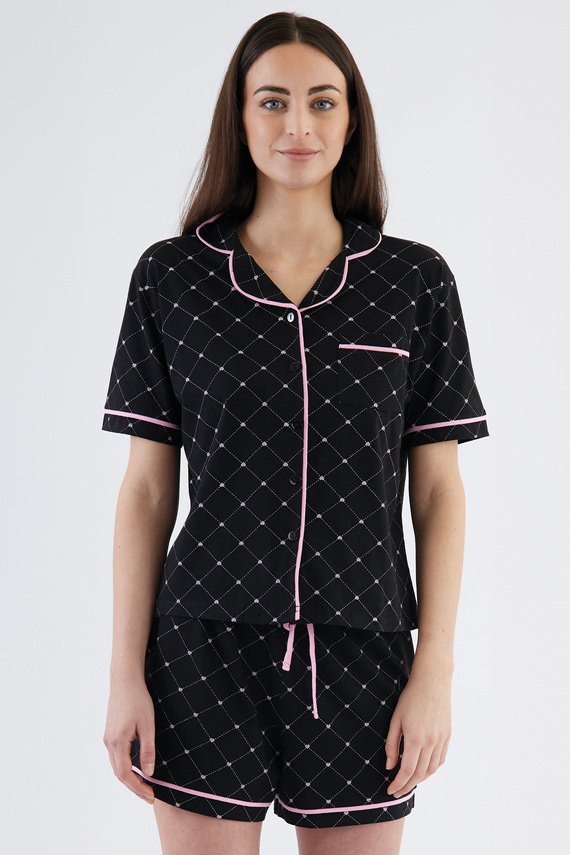 Pijamale dama Coraline Sorbetto, negru - top camasa, pantaloni scurti, 100% bumbac