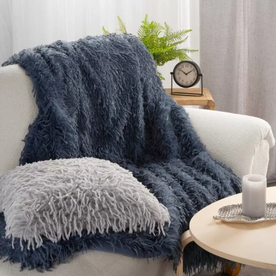 Pătură Adore, cuvertură de pat cu draperii, shaggy, blană, bleumarin
