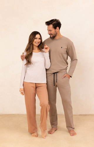 715 Pijamale de dama Regina bej - bumbac, tricou cu dungi cu buzunar