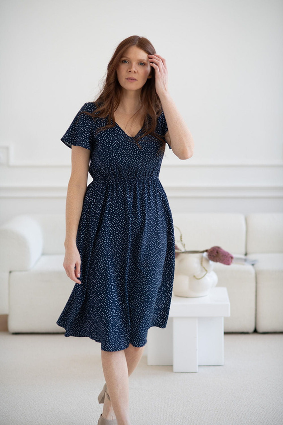 Lovely Dress Rochie midi de maternitate si alaptare, maneca scurta, Milk&Love, bleumarin cu buline