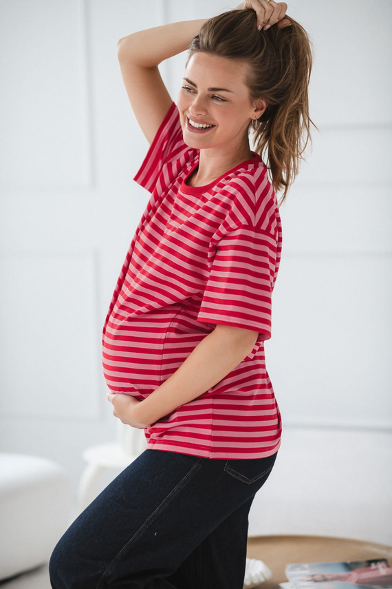 Tricou Mamahood Milk&Love pentru sarcină și alăptare, dungi roșii și roz – confortabil și elegant