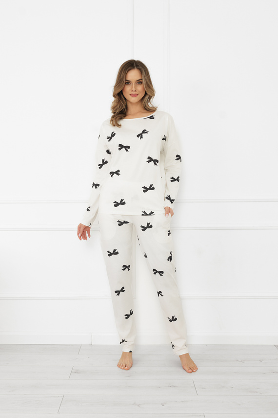 Pijama de damă Figaro - ecru, bumbac, mânecă lungă + pantaloni lungi Italian Fashion  