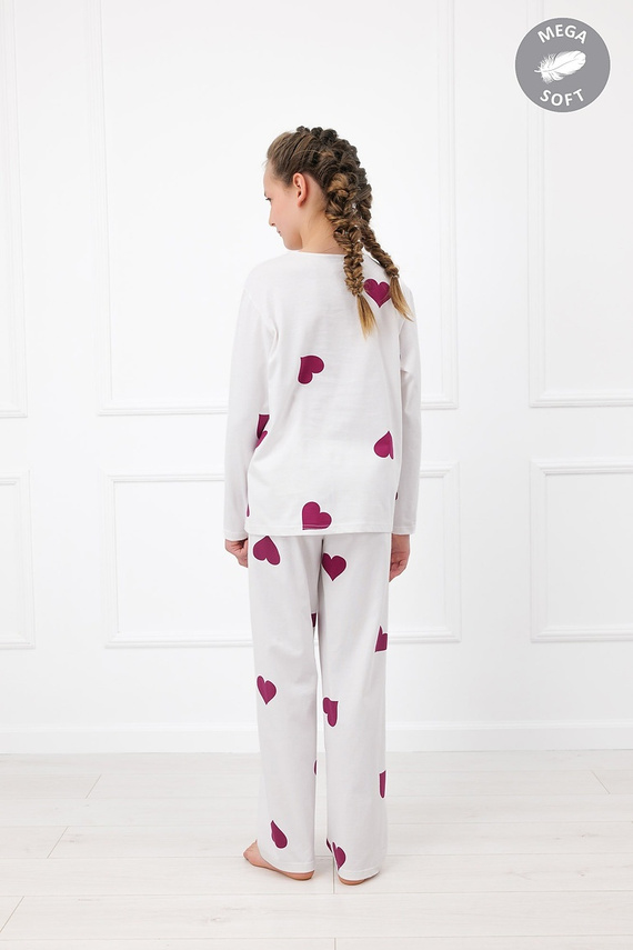 Italian Fashion Kioga pijama fete Mega Soft lungă ecru cu inimioare