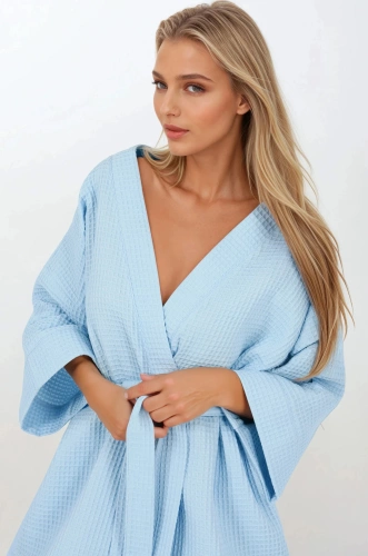 Halat de baie din bumbac Blue Lady Momenti Per Me – maneca 3/4, mansete late, 100% bumbac