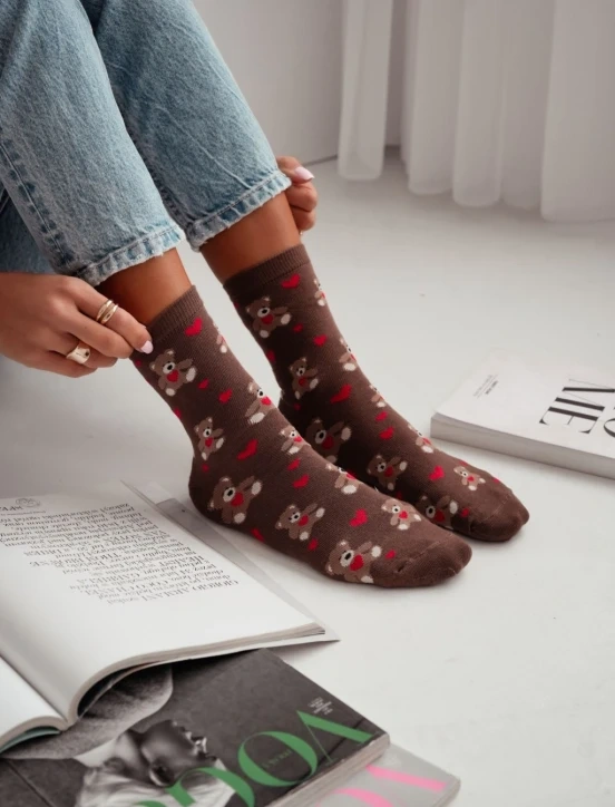 Șosete damă Milena 0200-202 Ursuleți cu Inimi Valentine’s Day – din bumbac, model romantic, mărimea 37–41