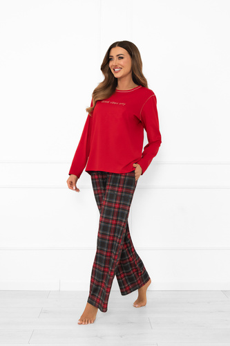 Pijama de damă Italian Fashion în roșu - bumbac, mânecă lungă și pantaloni, în carouri 