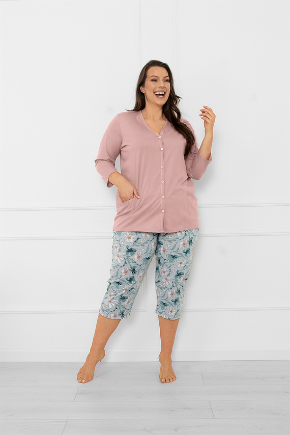 Pijama pentru femei Sekwoja - bumbac, mânecă 3/4 și pantaloni, cu nasturi Italian Fashion  