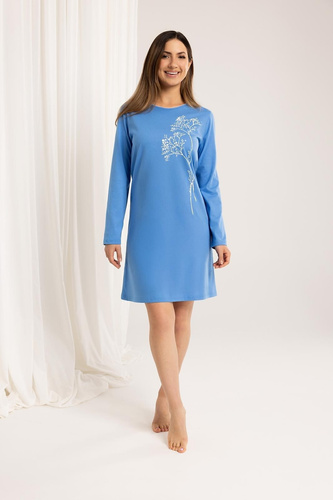 Cămașă de noapte 160 Regina, albastru – bumbac, mânecă lungă, confortabilă și clasică