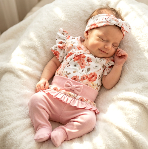 ABK-0055 Set pentru bebeluși NINI Roses din bumbac organic Body pantaloni scurți și bentiță