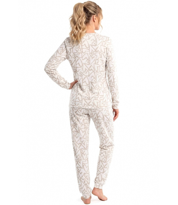 Donna Adore Long Ecru pijama damă din bumbac cu inimioare, mânecă lungă