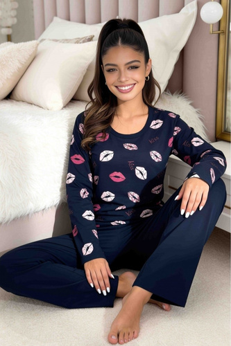 Donna Kiss Long pijama damă bleumarin 100% bumbac pantaloni lungi
