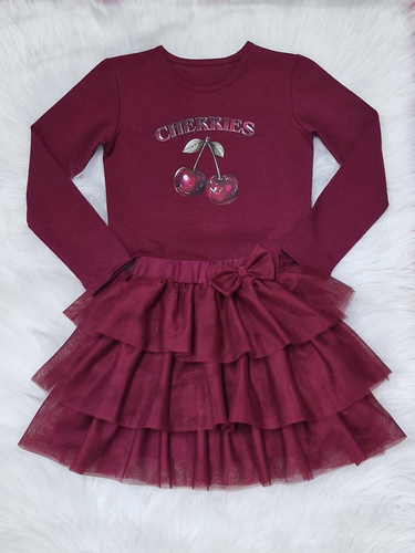 Bluză bordo din bumbac pentru fete, Cherries Bambarillo, cu mânecă lungă și imprimeu