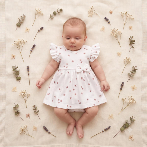 226158 Nicol HANIA Rochiță-body pentru fete din bumbac cu flori crem