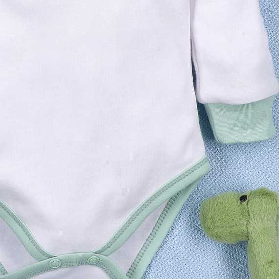 Body din bumbac organic cu desen dinozaur explorator ABN-5565 Nini alb – bumbac organic, mânecă lungă