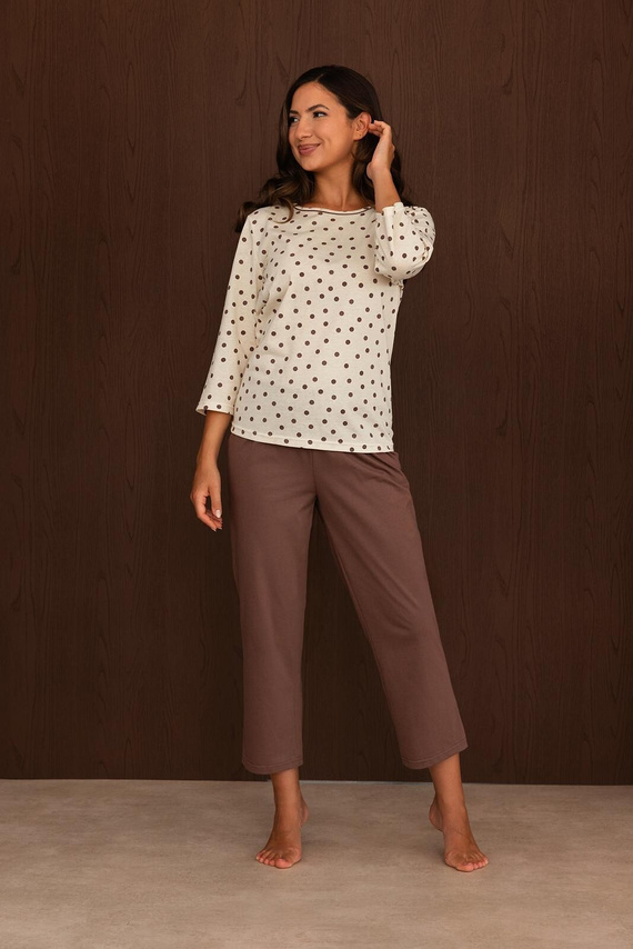 Pijamale damă Regina 4027 100% bumbac cu buline mâneci și pantaloni 7/8 - galben