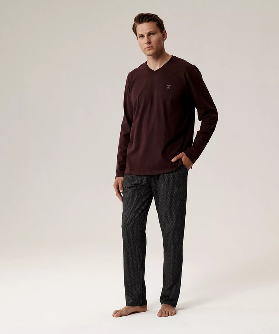 Pijamale bărbătești NMP-389 Atlantic - bumbac vin, mâneci lungi, set elegant pentru nopți reci