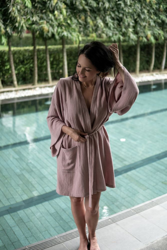 Halat de baie din muselina Kimono Trandafir Sepia Makashka | 100% bumbac, usor si aerisit