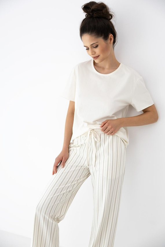 Pijamă damă Soleil Sensis ecru-bej, bumbac, mânecă scurtă, pantaloni lungi