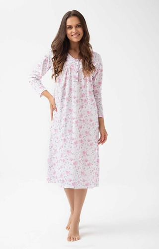 Cămașă de noapte roz Luna 338 - bumbac cu model vegetal, lungă cu nasturi