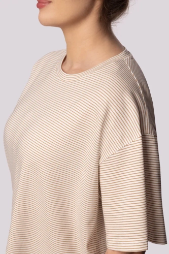 Pijamale de damă Mona ecru cu mânecă scurtă în dungi