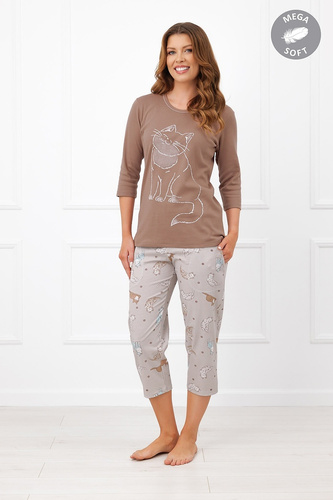 Italian Fashion Filomena Pijamale damă Mega Soft 3/4 cu pisici și buzunare