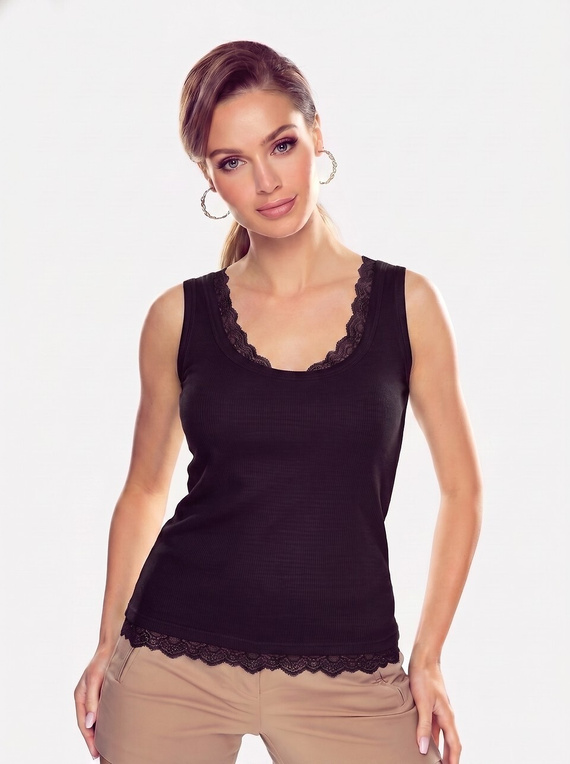 Tricou damă Martyna Eldar negru – viscoză cu dungi, dantelă, bretele late