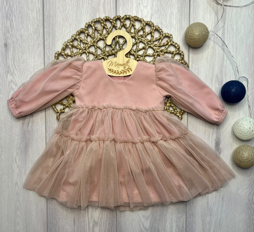 Rochie fete Mamatti SZ352 din bumbac cu tulle mânecă lungă - roz