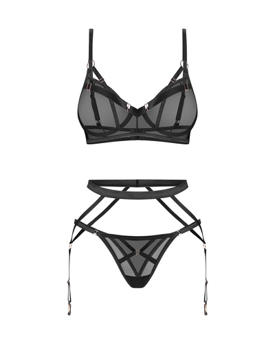 Set Euridia Obsessive negru din 3 piese – sutien, tanga și portjartier