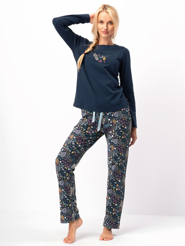 Pijamale dama Key LNS 570 teal inchis - bumbac, maneca lunga, eleganta