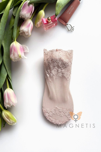 Șosete damă din dantelă Magnetis GC-251134 cu model floral și talpă din bumbac light pink