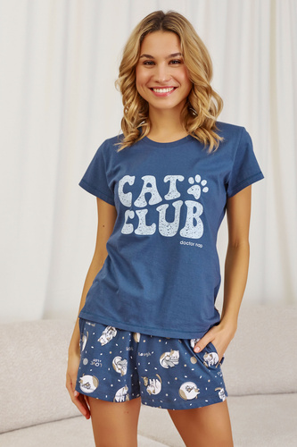 7203 Pijamale de dama Doctor Nap "Cat club" - albastru intens